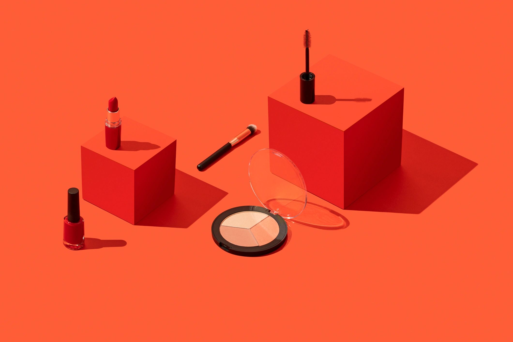 Beauty products arranged in a flat lay