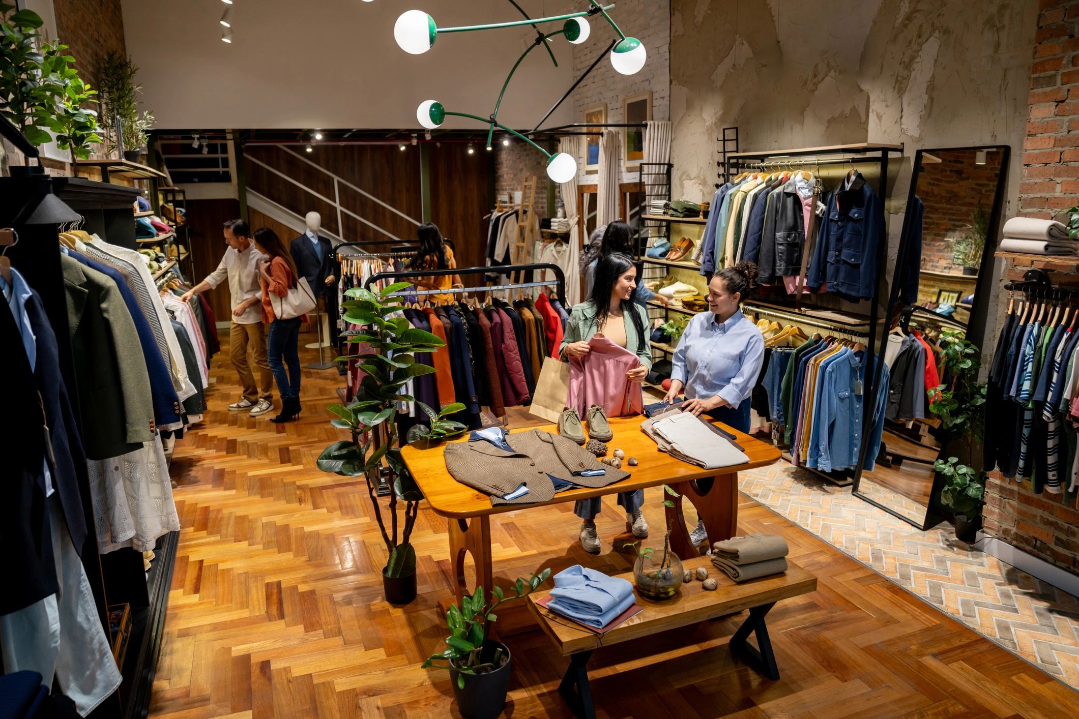 Retail associate helping a customer choose clothing in store