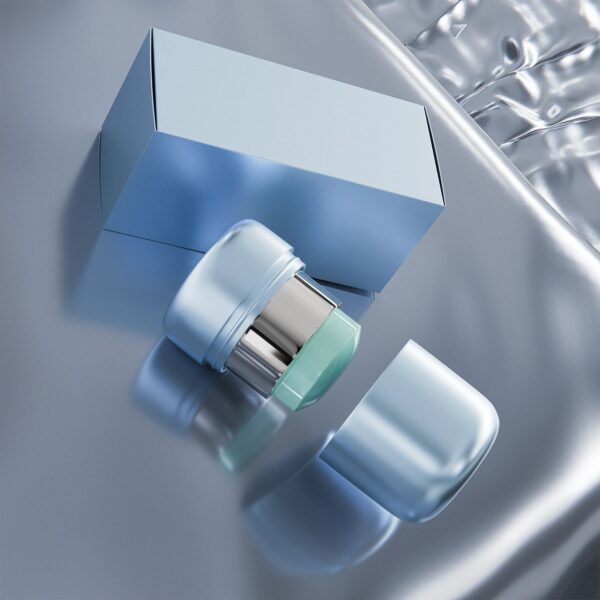 cosmetic Stick mockup, blue frost Metallic twist-up stick makeup, Push up makeup Tube electroplating Packaging, Rotating cream blush container applicator, Y2K beauty branding visualization